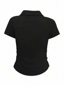 Camiseta de manga corta minimalista de unicolor para mujer, uso casual de todos los días - Negro - Ver 2