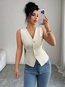 Camiseta de tirantes de mujer de algodón a rayas con lazo y escote en V sin espalda.Ajustada y que realza la figura, muestra por completo el encanto femenino.Adecuada para otoño e invierno, es una opción ideal para citas, vacaciones, ir al - Albaricoque - Ver 5