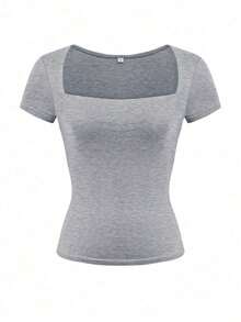 Camiseta de manga corta ajustada y sexy con cuello cuadrado de punto de unicolor para mujer Vaiaye, top de activewear para primavera/verano, adecuado para el Día de San Valentín en color rojo casual - flor gris - Ver 3