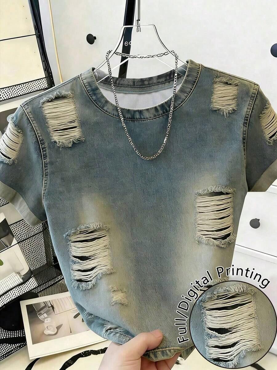 Camiseta casual de mujer con cuello redondo y mangas cortas, con efecto desgastado, versátil para uso diario - Multicolor 7 - Ver 1