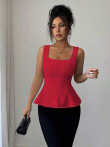 Blusa elegante de cuello cuadrado sin mangas para mujer, adecuada para la oficina, el transporte, el té de la tarde, las fiestas, las vacaciones y ocasiones casuales - Rojo - Ver 6