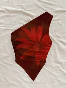 Blusa de estilo vacacional minimalista y casual con estampado floral rosa para mujer, adecuada para el verano - Rojo y negro - Ver 5