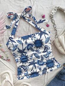 Parte superior corta ajustada con cuello de halter casual para vacaciones de mujer, verano de mujer, sin espalda, ropa de vacaciones de mujer, lunares, primavera de mujer, verano, parte superior para salir de mujer, vacaciones de mujer - Multicolor - Ver 5