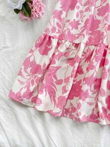 Vestido romántico de boda, estilo boho para playa y festivales de verano, con estampado de silueta de dos tonos, mangas abullonadas y volante en el bajo, color rosa y blanco - Rosa - Ver 4