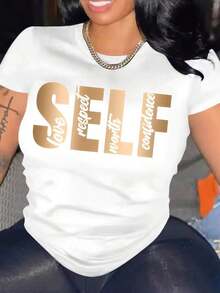 SOFT1pscSELF Camiseta con Estampado de Letras Doradas Estilo Reina Segura Manga Corta Holgada 100% Algodón Clásico - Blanco - Ver 1