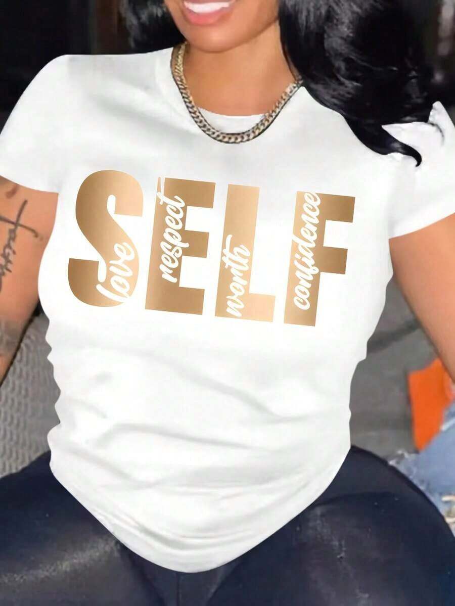 SOFT1pscSELF Camiseta con Estampado de Letras Doradas Estilo Reina Segura Manga Corta Holgada 100% Algodón Clásico - Blanco - Ver 1