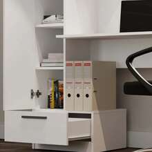 1 Piece All-In-One Desk With Side Storage Unit, With Tall Cabinet, Open Shelves & Bottom Drawer, Spacious Workstation With Ample Storage, Versatile Study & Office Desk, 3 Styles Available For Small Spaces - Study Desk - View 7