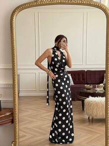 New Arrival Women's Summer Two-Piece Set, Sleeveless V-Neck + Midi Skirt With Polka Dot Print In Various Colors, Elegant And Modern Euro-American Style. - 黑色 - 查看 7