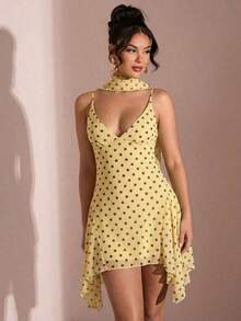 Vestido corto de gasa con escote en V profundo y cinta de color negro sólido, adecuado para citas diarias, salidas nocturnas, discotecas, fiestas, reuniones, fiestas de cóctel, monos de vacaciones, fiestas en la piscina, ropa de oficina, vestidos para ir y venir - Amarillo - Ver 6
