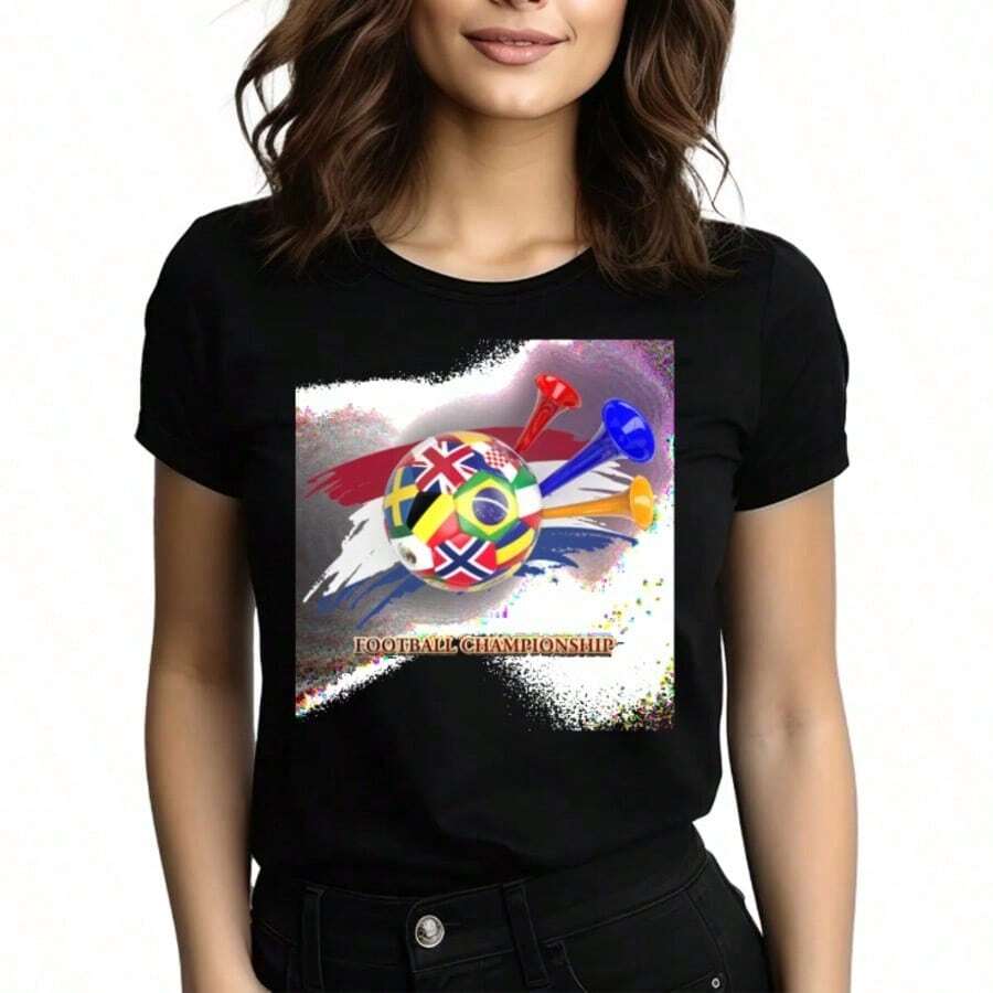 Tops para mujer Casual de Algodón para Mujer con Cuello Redondo y Manga Corta, Estampado de Campeonato de Fútbol, Corte Regular y Tela de Alta Elasticidad para Fanáticas del Deporte. - Negro - Ver 1