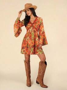 Vestido vintage con cuello en V y mangas acampanadas con impresión, perfecto para vacacionar en mujer - Multicolor - Ver 5