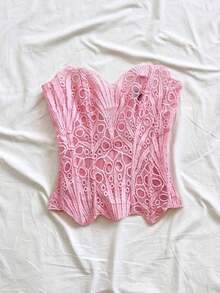 2026 Nuevo con forma de corsé de estilo europeo y americano, sexy para vacaciones, de doble capa de encaje, con bordado calado, color azul profundo - Rosa - Ver 5