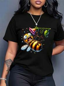 Talla Grande - Camiseta Oversize para Mujer - Camiseta de 200 g/m² de corte holgado con estampado vintage, top casual negro para uso diario en verano, imprescindible para el vestuario de temporada, diseño sencillo de dibujos animados, tela transpirable, camiseta de manga corta, Talla Grande - tallas S-3XL, perfecta para usar en capas o como prenda individual. Camisetas gráficas de verano para mujer, camiseta casual estampada de manga corta y cuello redondo, moda urbana local de primavera/verano. - Negro - Ver 3