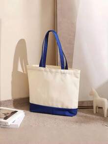 Colorblock Canvas Shoulder Tote Bag, Wide Comfortable Handle, Large Open Top For Easy Storage, 3 Available Colorways - View 18