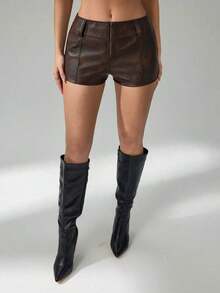 Shorts Casuales de Color Sólido con Cierre Frontal para Mujeres Altas, Micro Shorts - Marrón - Ver 5