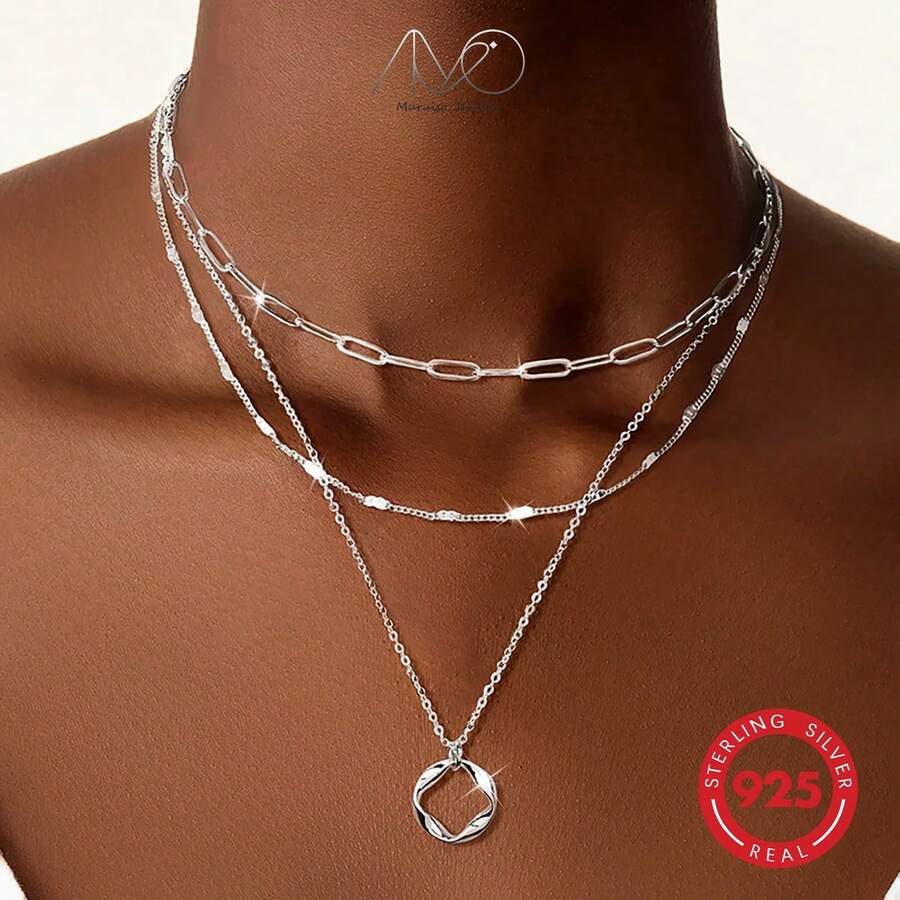 1pc Fashion Multi-Layer Stacking Rings 925 Silver Necklace For Women, Personalized Hiphop Everyday Party Gift