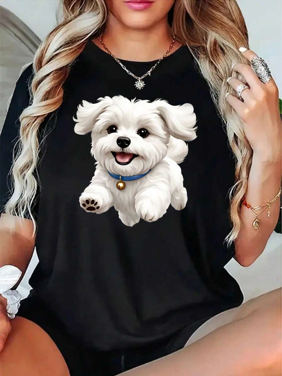 Talla Grande - Talla Grande - Camiseta de  con Estampado de Perro Blanco Adorable