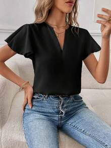Camisa de mujer de unicolor con escote en V entallado y manga corta, informal y adecuada para el trabajo, blusas de manga corta - Negro - Ver 1