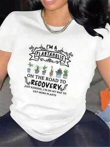 Women's Short Sleeve Graphic T-Shirt "I'm On The Road Loving Plants" | Black And White Plant Print, Durable And Comfortable, Lightweight And Breathable Crew Neck, Suitable For Indoor Gardening, Living Room And Balcony Use, Casual Wear For All Seasons. - 白色 - 查看 1