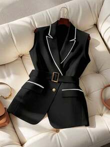 Chaleco de mujer con estampado de rayas, cuello pico, hebilla y cinturón, para uso casual u oficina - Negro - Ver 5