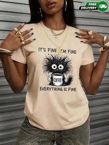 Limited EditionCamiseta de manga corta para mujer, adecuada para uso diario, salidas casuales, vacaciones y fines de semana, con estampado de gato negro peludo con taza de café y texto IT'S FINE I'FINE EVERYTHING IS FINE, cuello redondo, sin bolsillos laterales, sin cremalleras, sin botones, fabricada en poliéster, estilo casual y humorístico, para primavera y verano. Envío nacional Algodón ligero - Albaricoque - Ver 3