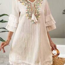 Ladies' Embroidered V-Neck Dress With Colorful Tassel Detail, Ruffled 1/3 Sleeve, Tassel Decor Beach Holiday Dress Elegant Summer - Albaricoque - Ver 3