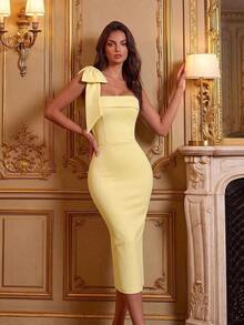 Vestido de cóctel, fiesta, boda y primavera con hombros descubiertos, unicolor, decoración de lazo, espalda con abertura y largo midi - Amarillo claro - Ver 5