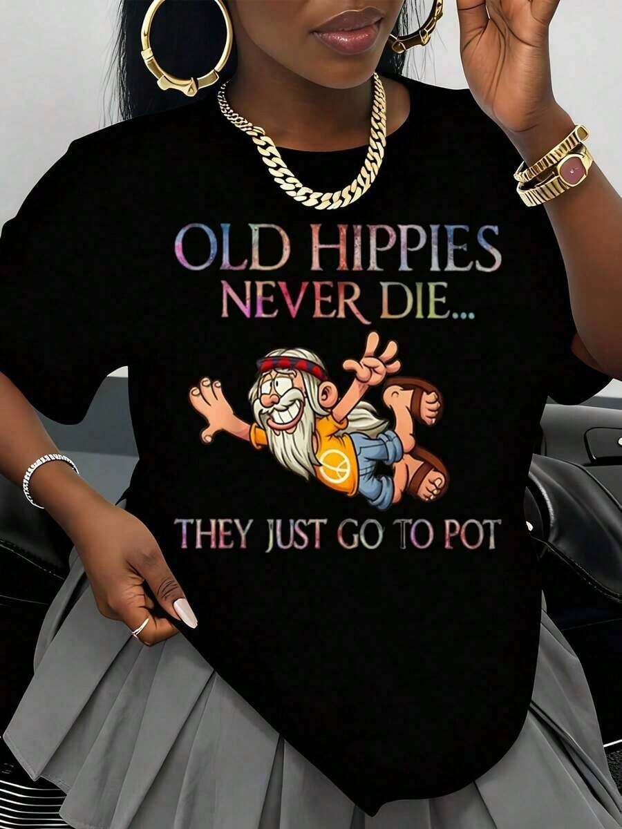 Camiseta de talla grande con estampado gráfico del símbolo de la paz, con diseño gráfico de "los viejos hippies nunca mueren, solo se van al cinturón" y diseño de dibujos animados para uso casual. Camiseta para mujer, camiseta con el símbolo de la paz para mujer, cómoda de llevar, tela de algodón puro de baja elasticidad (tallas S-5XL). - Negro - Ver 1
