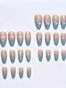 24 piezas de uñas postizas de almendra azul degradado con cobertura completa, brillantes, uñas falsas con corazón y estrella de strass, puntas de uñas falsas reutilizables - Multicolor - Ver 12