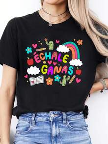 Spring-Summer Casual T-Shirt With Spanish Letter Print, Short-Sleeved Sports T-Shirt With Round Neck, Women's Top, A Very Distinctive Printed T-Shirt / Unisex Style / Suitable For Both Men And Women / Wrinkle Resistant / Breathable. - 黑色 - 查看 1