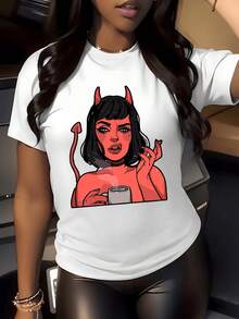The Image Of A Woman With Red Horns Holding A Cup Reflects A Bold And Mysterious Attitude With A Touch Of Modern Humor To Express Confidence And Unique Style. This Women's T-Shirt Is A Stylish Urban Casual Wear. - 白色 - 查看 5
