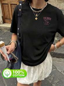 Women's 100% Cotton T-Shirts With Bride Club Print, Round Neck, Short Sleeve, Summer Casual, White - 黑色 - 查看 3
