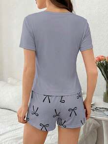 de pijama de pantalón corto y estampado de lazo y letra de manga corta - Multicolor 4 - Ver 2