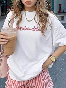 New Summer Fashion Collection, Women's Casual Short Sleeve Crew Neck T-Shirt - Printed, Soft And Comfortable Fabric, Machine Washable, White Summer Blouse, 180g 100% Cotton - Unisex Urban Vintage Style, Loose Fit Cotton Short Sleeve Crew Neck T-Shirt - 白色 - 查看 8