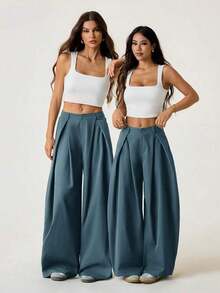 PETITE Pantalones holgados de estilo militar verde del ejército, vintage, casuales y hippies para mujer en verano - Azul - Ver 6
