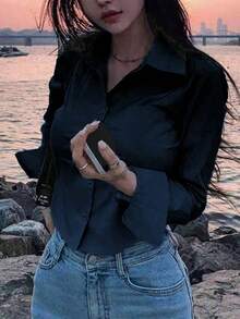 Blusa de unicolor informal para mujer para usar en el trabajo/diario, primavera-verano, con mangas largas - Azul marino - Ver 5