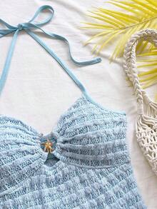 Vestido mini con textura, escote en V, decoración de estrella de mar metálica, cuello con lazo, espalda descubierta, ideal para vacaciones, citas, té de la tarde, días festivos, festivales de música, estilo bohemio - Azul 2 - Ver 5