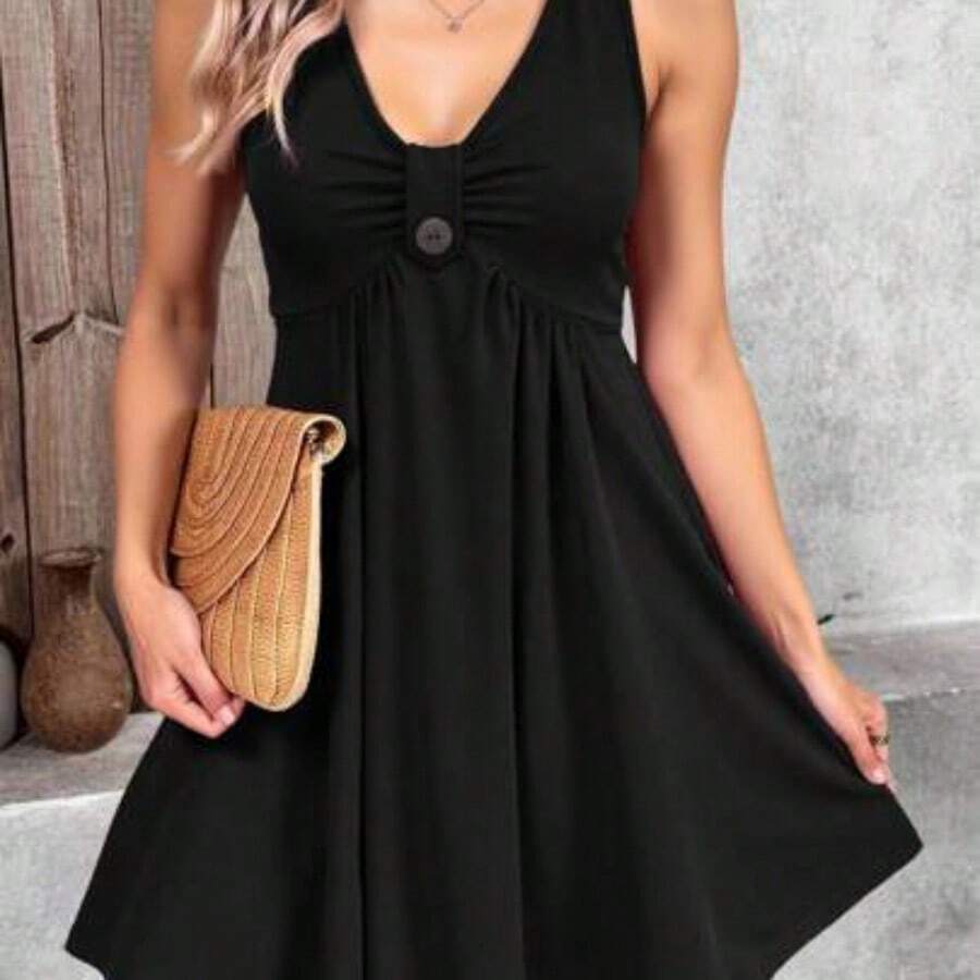 Women Summer Solid Color Pleated Sleeveless Casual Dress - Negro - Ver 1
