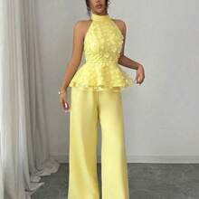 Elenzya Spring & Summer Mandarin Collar Textured Floral Mesh Double-Layer Linen-Look Sleeveless Cropped Top, Elastic Waist Straight Leg Pants, 2-Piece Elegant Vacation Set For Women Women Vacation Outfit Sets Women 2 Piece Outfit Women Elegant Outfits Yellow Women Summer Outfits 2 Piece Women Clothes Sets Filipiniana - Azul - Ver 4