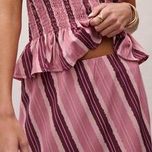 Off Shoulder Strapless Striped Set Featuring A Smocked Bodice Top With Peplum Detail, And Flowing Skirt. Summer, Perfect For Vacations, Casual Days, Spring, Beachwear, Coverup, Festival, Coords. - Rosa - Ver 7