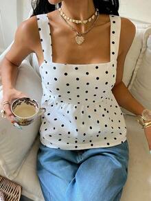 Camiseta sin mangas con volantes y estampado de lunares para vacaciones - Blanco - Ver 6