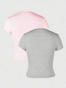 Camiseta De Verano Para Mujer unicolor De Cuello Redondo Y Manga Corta De Ajuste Delgado - Multicolor 3 - Ver 2