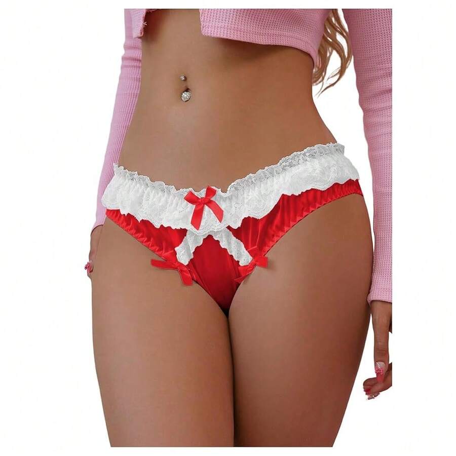 Women's Satin Bow Panty Lace Trim Low Rise Cute Bikini Underwear Silky Panty Brief - 紅色 - 查看 1