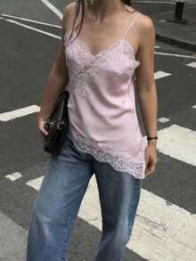 Nuevo Top de estilo lencería con decoración de encaje de moda europea para mujer, estilo veraniego - Rosa 2 - Ver 12