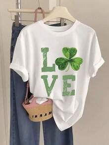 Camiseta Casual Blanca de Manga Corta con Cuello Redondo para Mujer, con Estampado de Trébol LOVE y Diseño de Hombros Caídos IJKS - Blanco - Ver 2