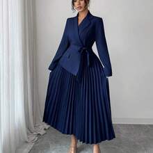 Raffinéa Women's Casual Versatile Commuting Patchwork Blazer Collar Long Sleeve Cinched Waist Pleated Midi Dress, Autumn/Winter Skirt Suits For Woman Blazer Skirt Set - Albaricoque - Ver 7