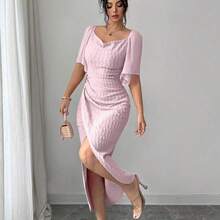 Women's Metal Buckle Color Block Ruffle Collar Petal Sleeve Fitted Elegant Dress, Spring/Summer Dress With Metal Buckle Pink Midi Dress - Morado - Ver 7