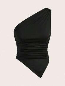 Blusa de verano casual y de vacaciones para mujer, minimalista, de unicolor, con pliegues, ajustada, con bajo asimétrico, top de un hombro, top de un hombro XXS para mujer, negro fruncido, body suit tops, tops, top de un hombro negro - Negro - Ver 7