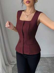 Blusa elegante de mujer con cuello cuadrado sin mangas, decoración con bolsillo falso, camisa ajustada de oficina, primavera/verano - Burdeos - Ver 4