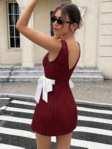 Vestido coreano de mujer con estampado de lunares, lazo y tirantes versátil y de moda - Burdeos - Ver 2